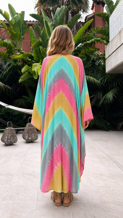 Back view of model showcasing the chevron pattern tie-dye kaftan