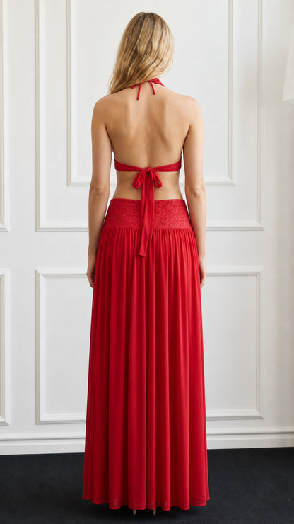 Back view of red halter maxi dress with tie closure