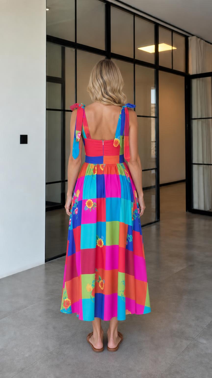 Back view of patchwork midi dress showing tie shoulders