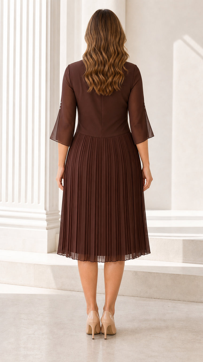 Back view of model wearing the Chocolate Brown pleated midi evening dress