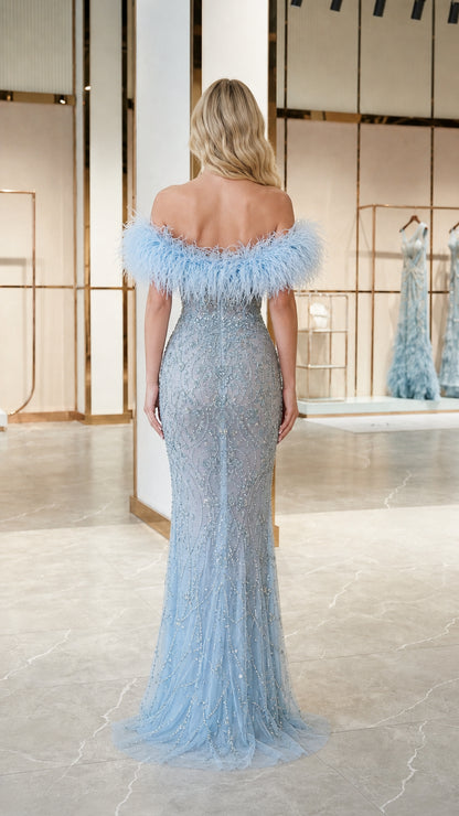 Back view of light blue evening gown