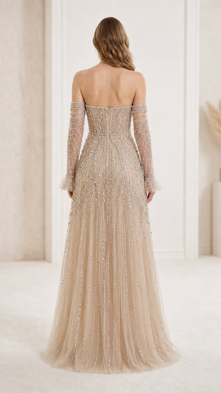 Back view of champagne evening dress