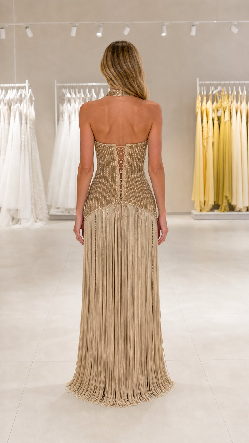Back view showcasing the lace-up open back of the Gold dress