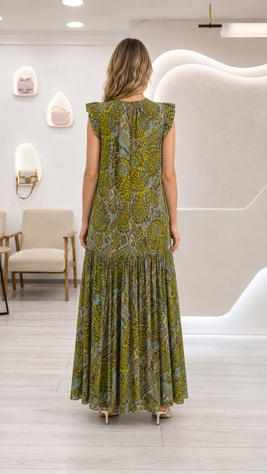 Back view of model wearing olive green flowy paisley maxi dress