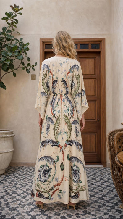 Model wearing cream boho floral maxi dress back view