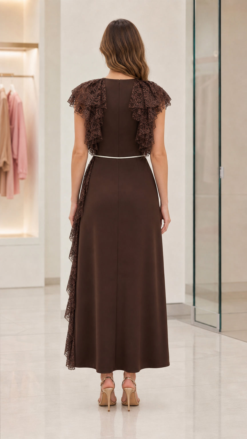 Back view of chocolate brown sleeveless lace accent maxi dress