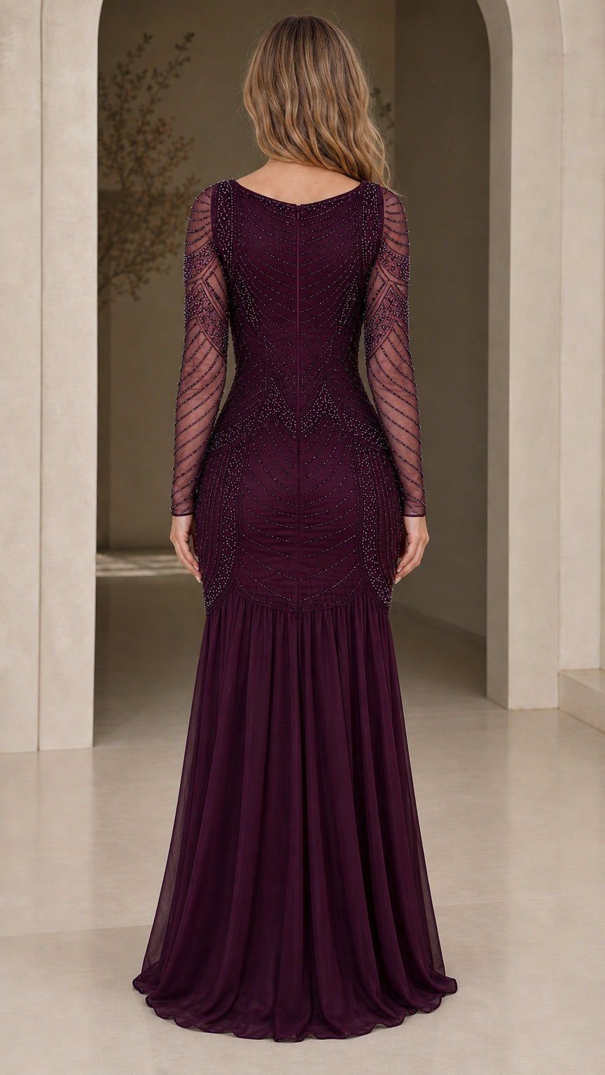 Back view of burgundy formal evening dress