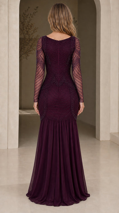 Back view of burgundy formal evening dress