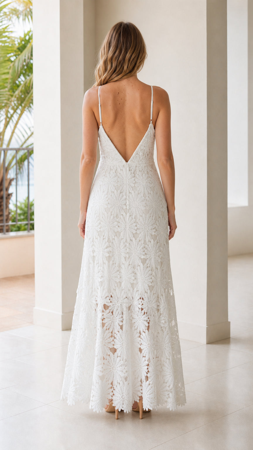 Back view of white lace maxi dress showing deep V-back detail