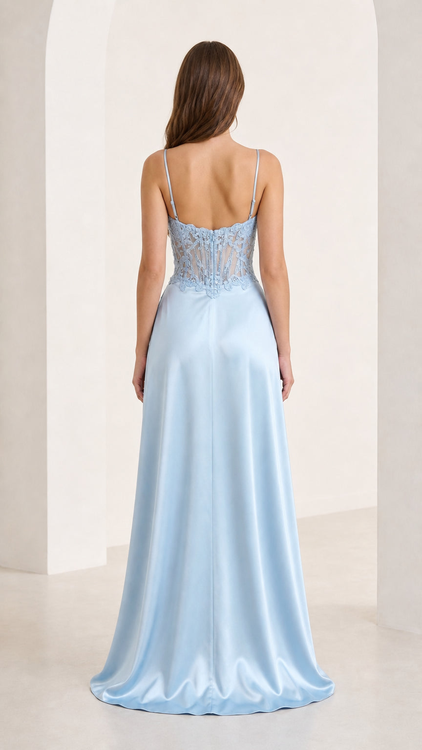 Back view of light blue corset evening gown