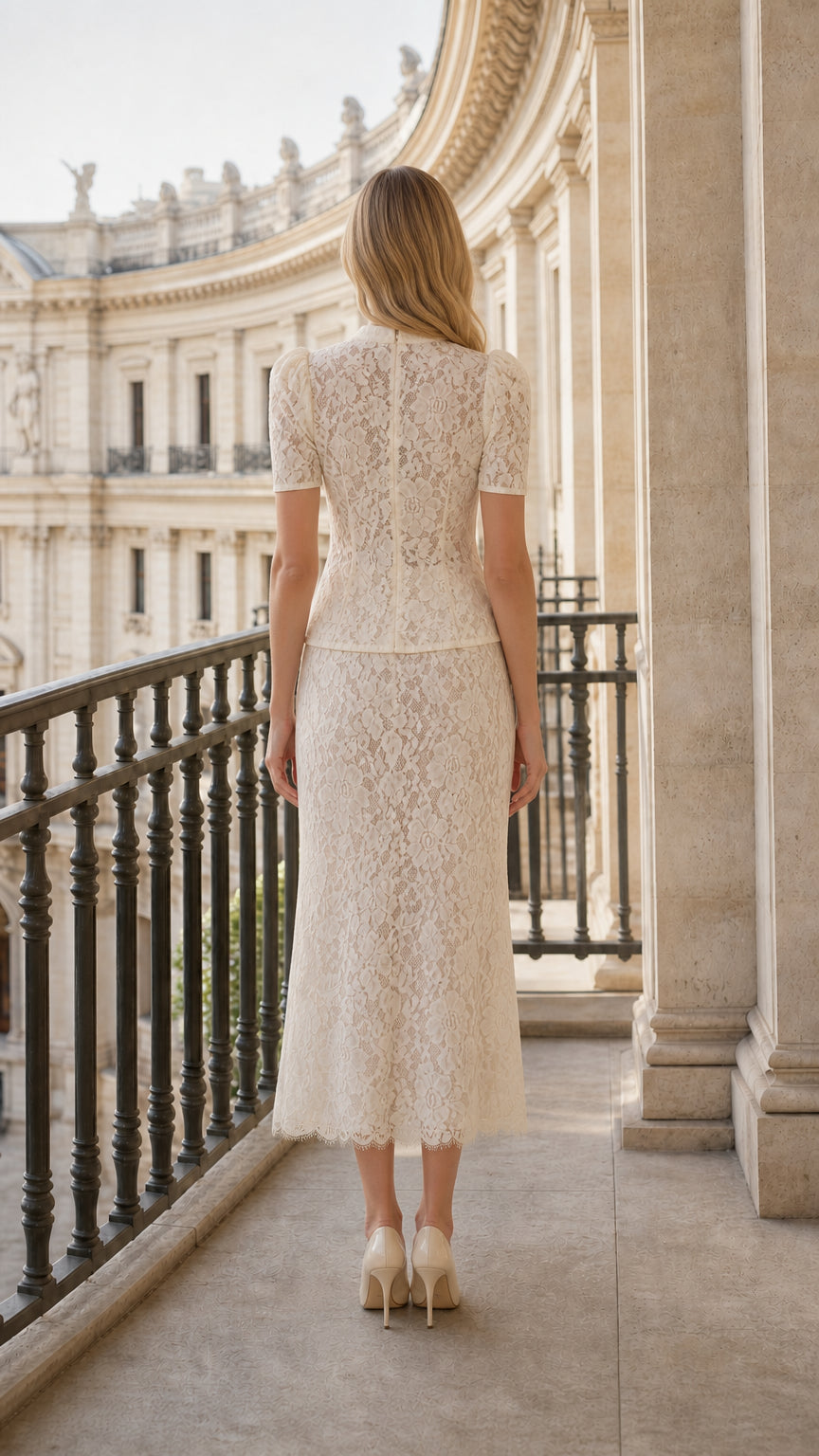 Back view of cream floral lace two-piece set showing tailored silhouette