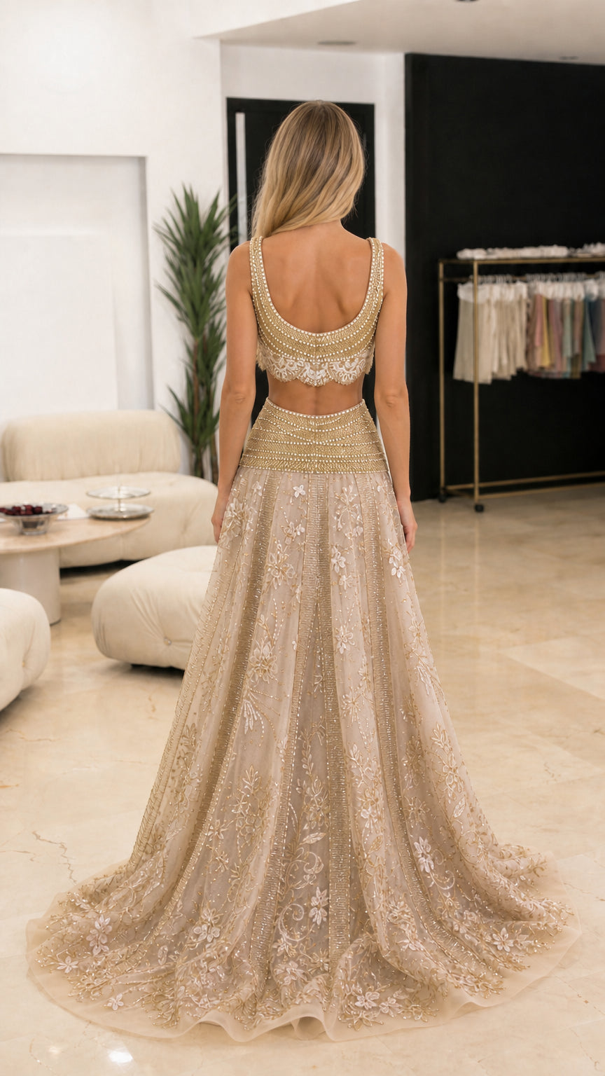 Back view showing scooped crop top and sweeping skirt