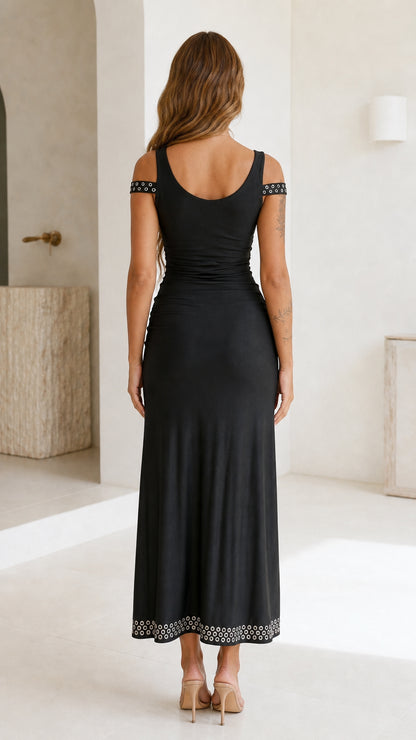 Back view of black sleeveless midi dress