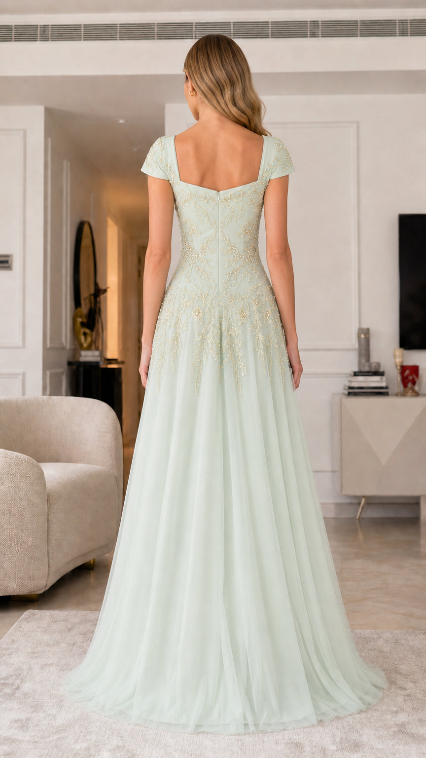 Back view of sage green formal dress