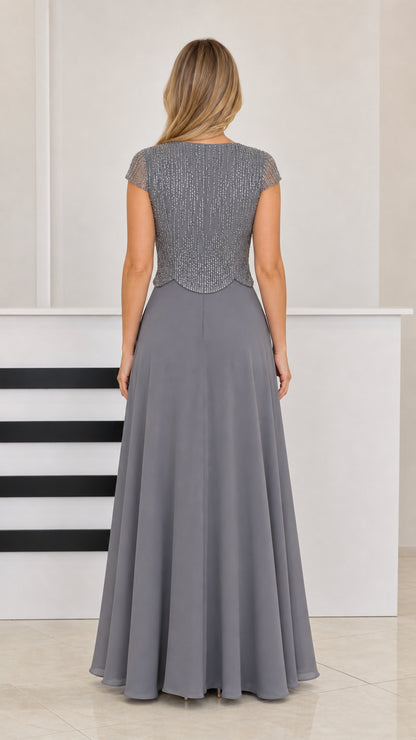 Back view of Slate Gray floor-length beaded chiffon evening gown