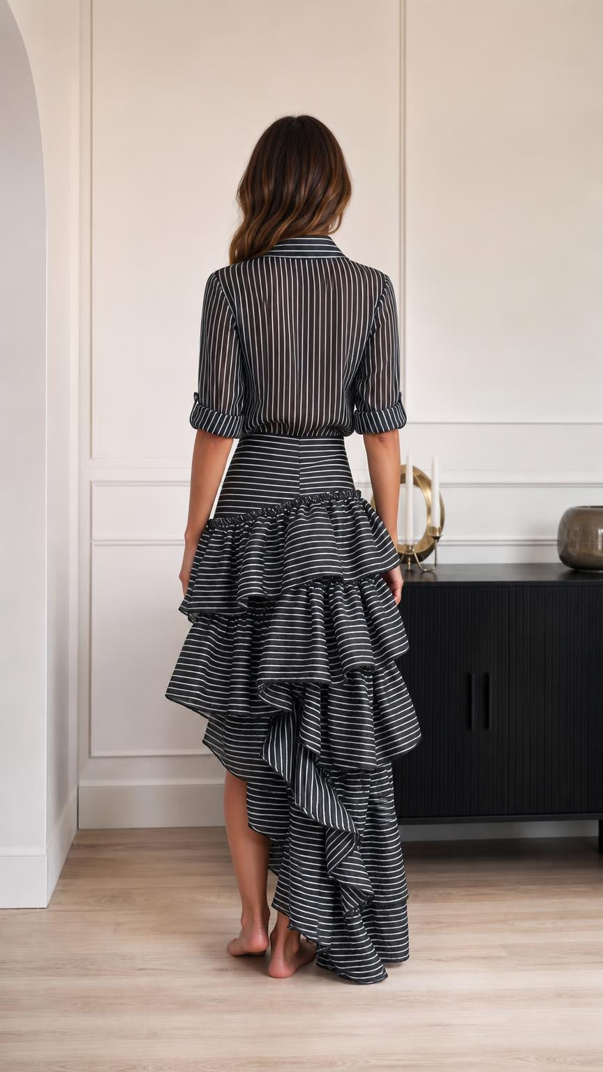Model wearing black striped dress back view