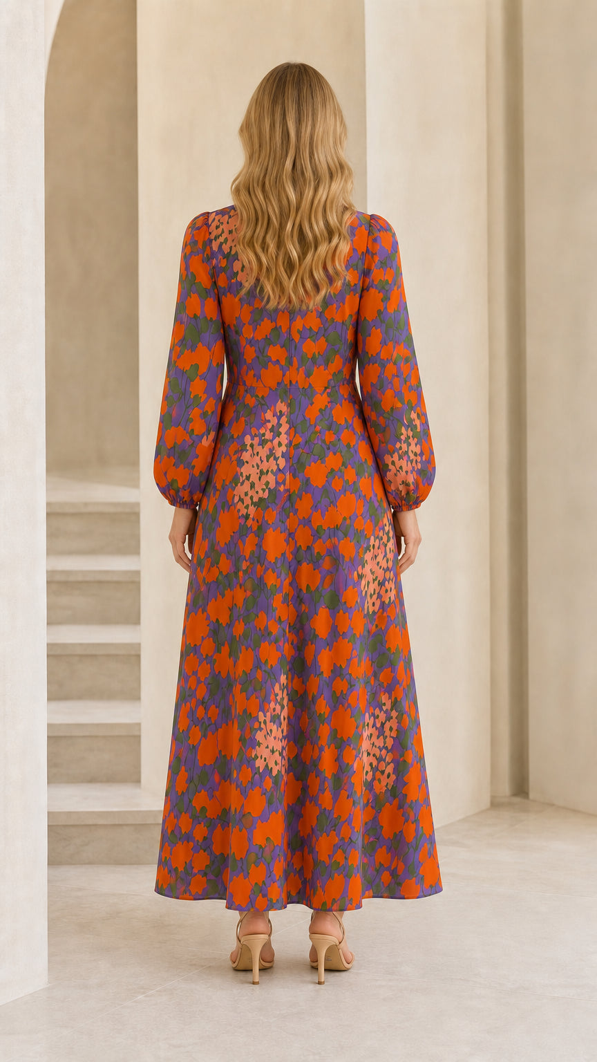 Back view of model wearing purple floral long sleeve maxi dress