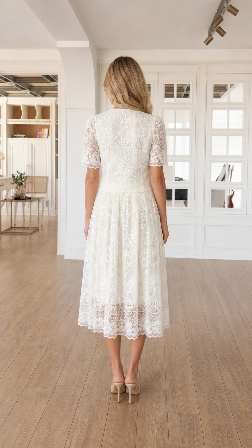 Back view of white lace midi dress