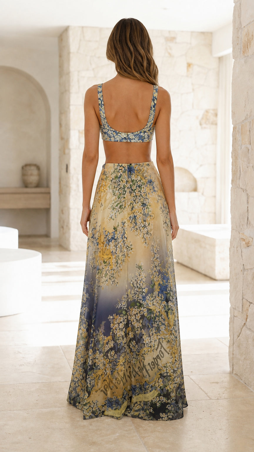 Back view of model in blue floral two-piece set