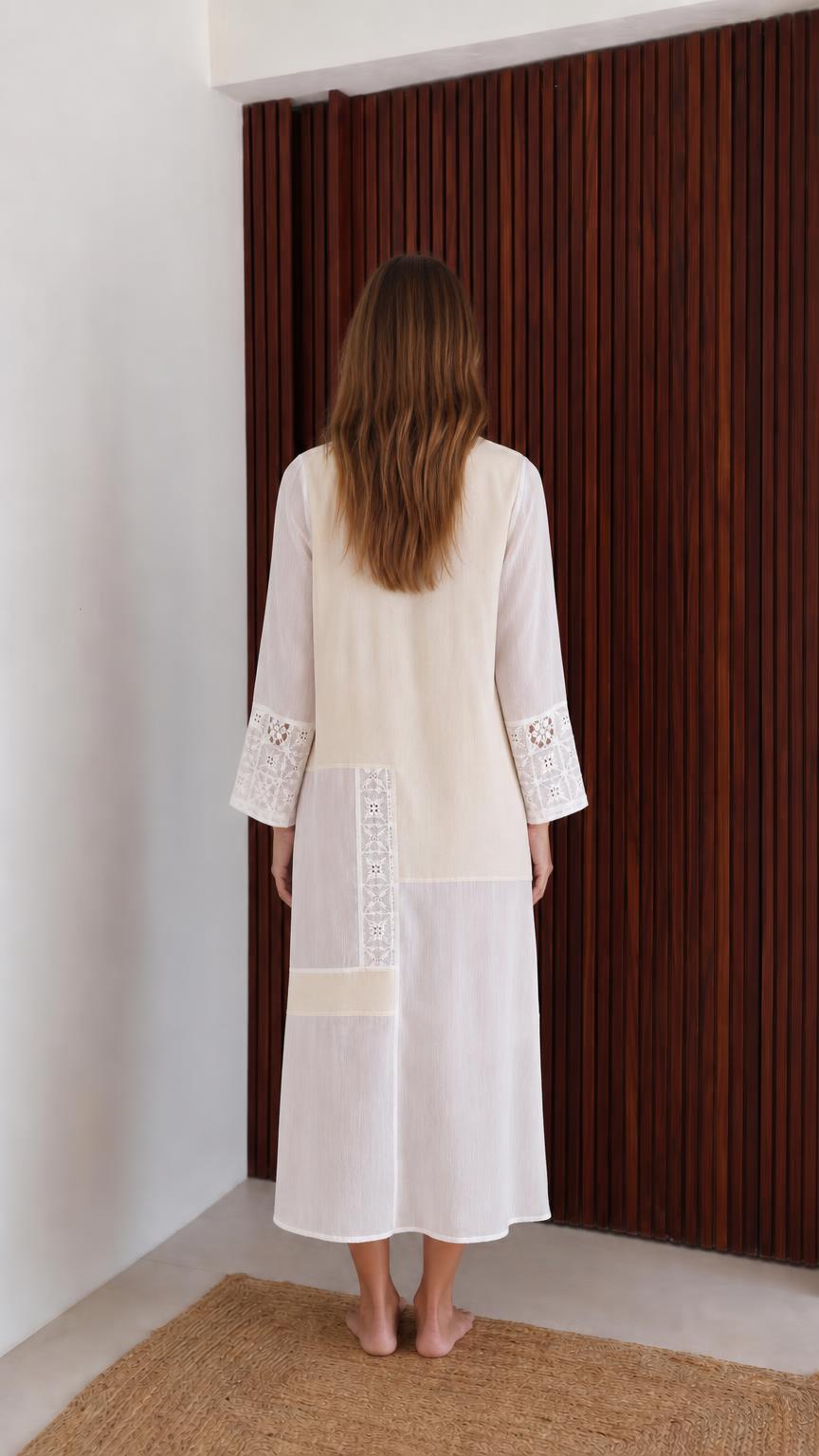 Model wearing white boho patchwork lace long sleeve maxi dress back view