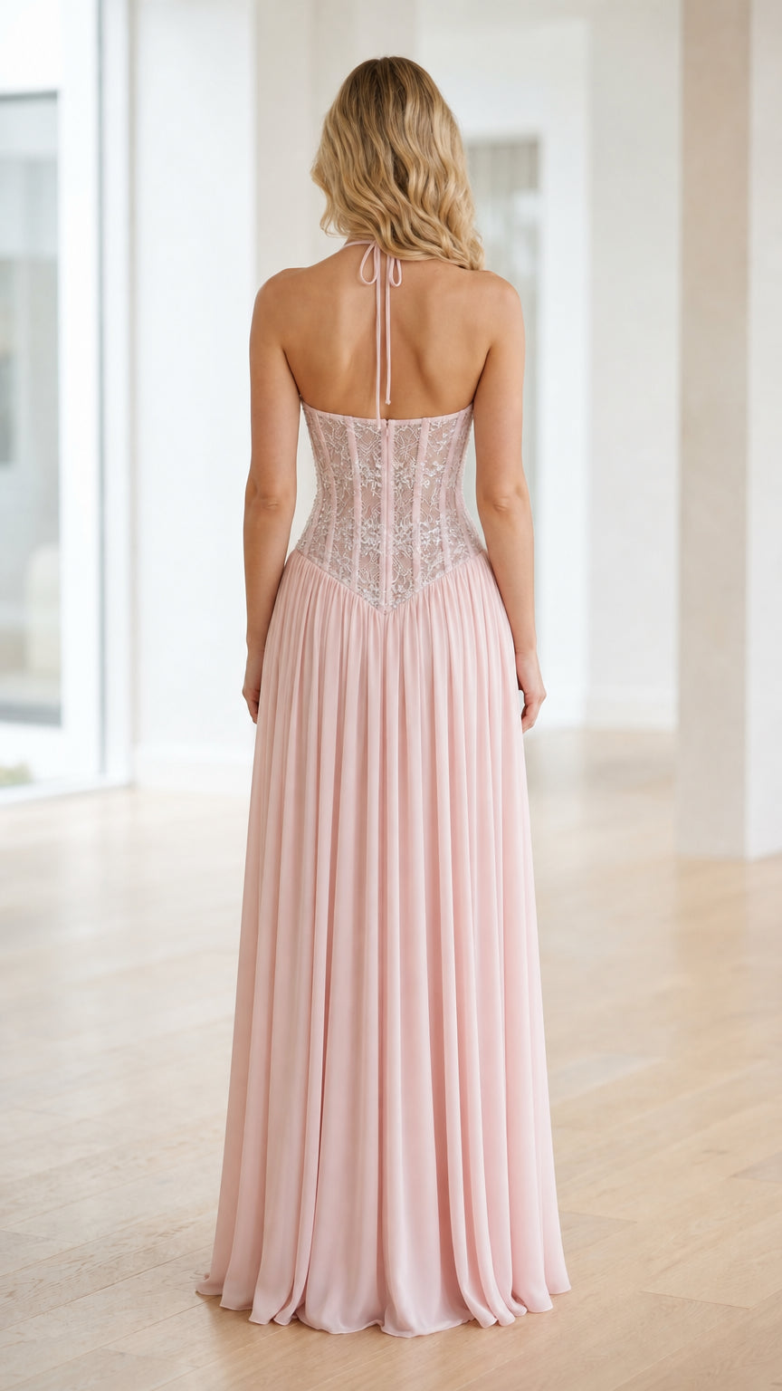 Back view of pink halter maxi dress