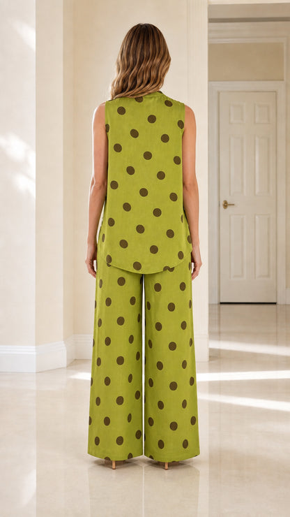 Back view of green polka dot matching set