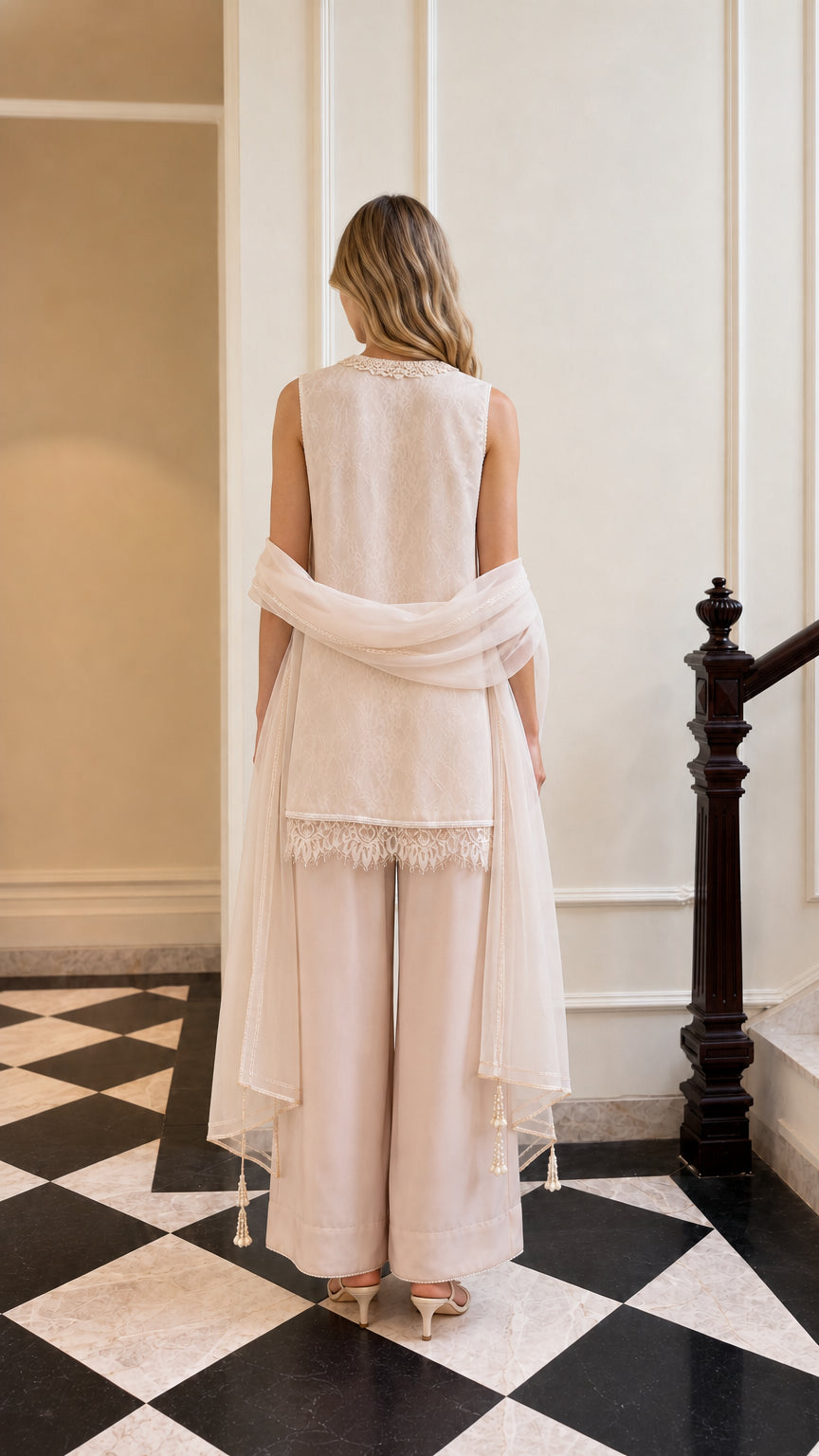 Back view of model showcasing draped dupatta and trousers