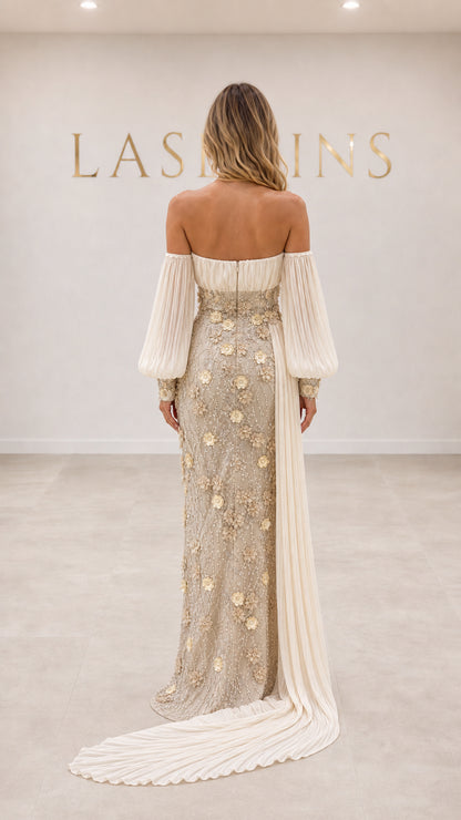 Back view of off-the-shoulder champagne formal evening dress showing train detail