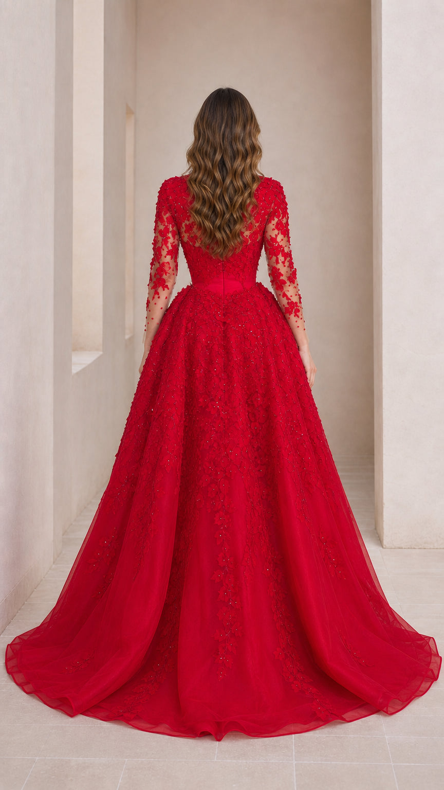 Back view of red evening dress showing detailed overskirt and train