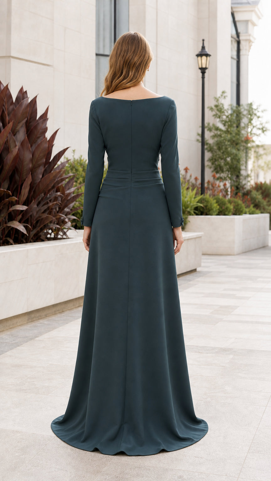 Back view of dark teal evening dress showing floor-length hem