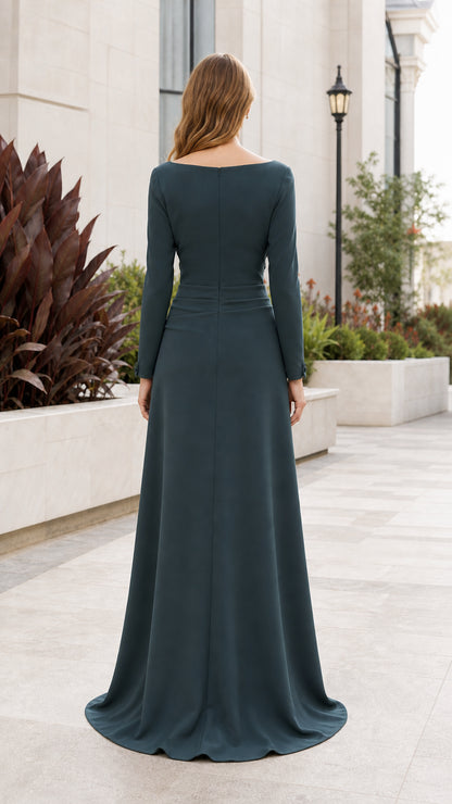 Back view of dark teal evening dress showing floor-length hem
