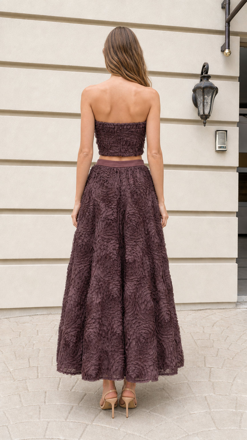 Back view of the plum two-piece maxi set