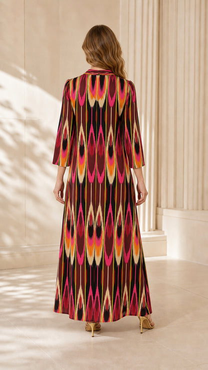 Back view of Burgundy Multi ikat print full-length kaftan dress