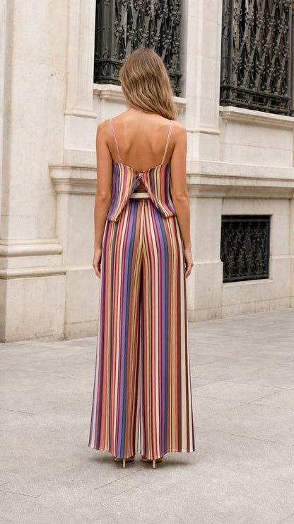 Back view of model wearing Multicolor Stripe wide leg jumpsuit showing split overlay