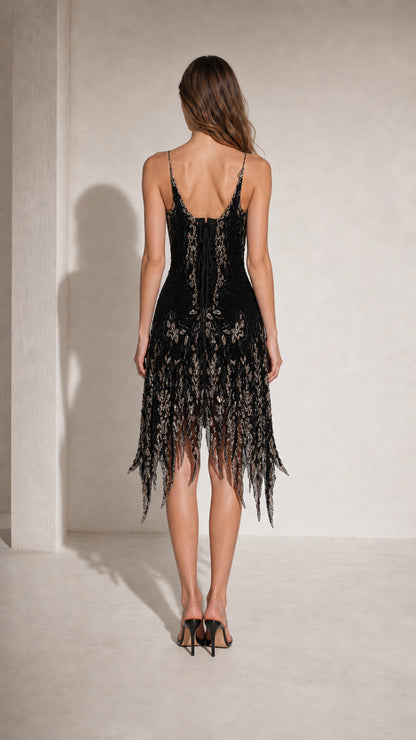 Back view of Black beaded fringed midi dress