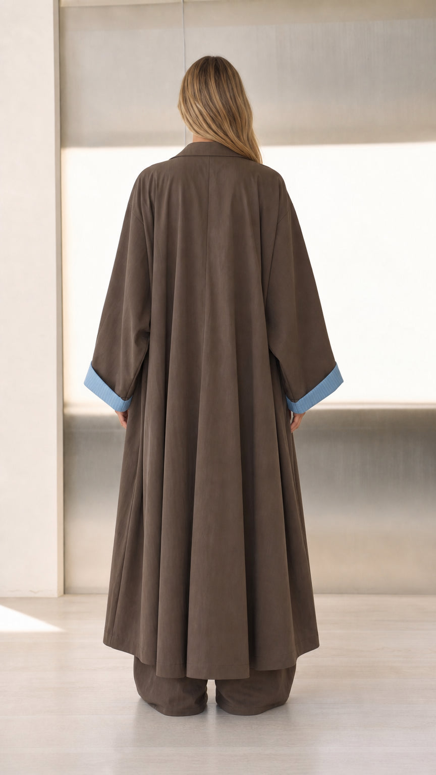 Back view of Mocha Brown flowing duster coat and matching trousers