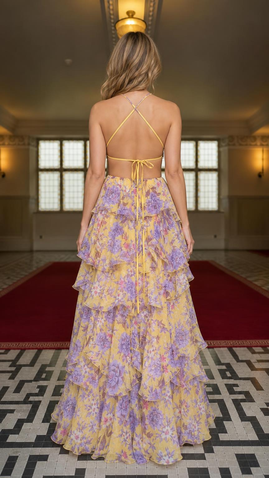 Back view showing lace-up ties on yellow floral maxi dress