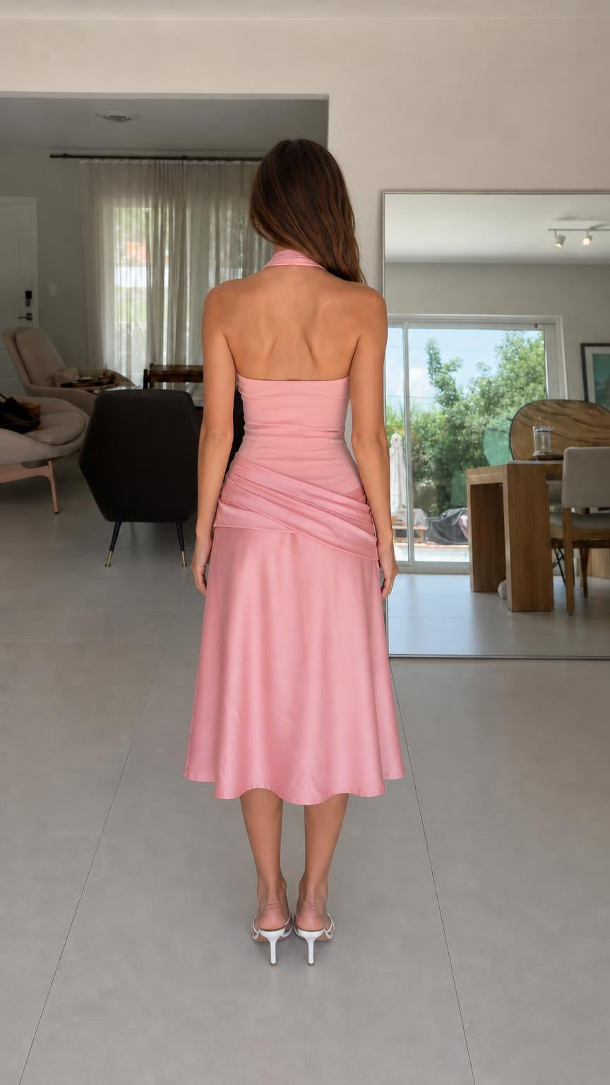 Back view of pink halter midi dress