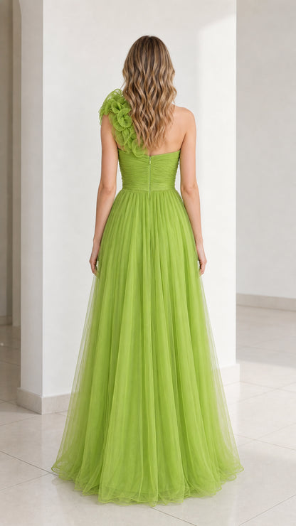 Back view of green tulle evening gown