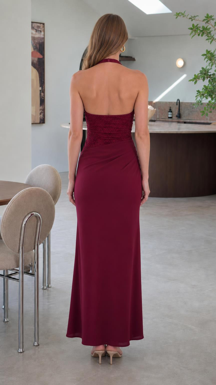 Back view of burgundy halter maxi dress
