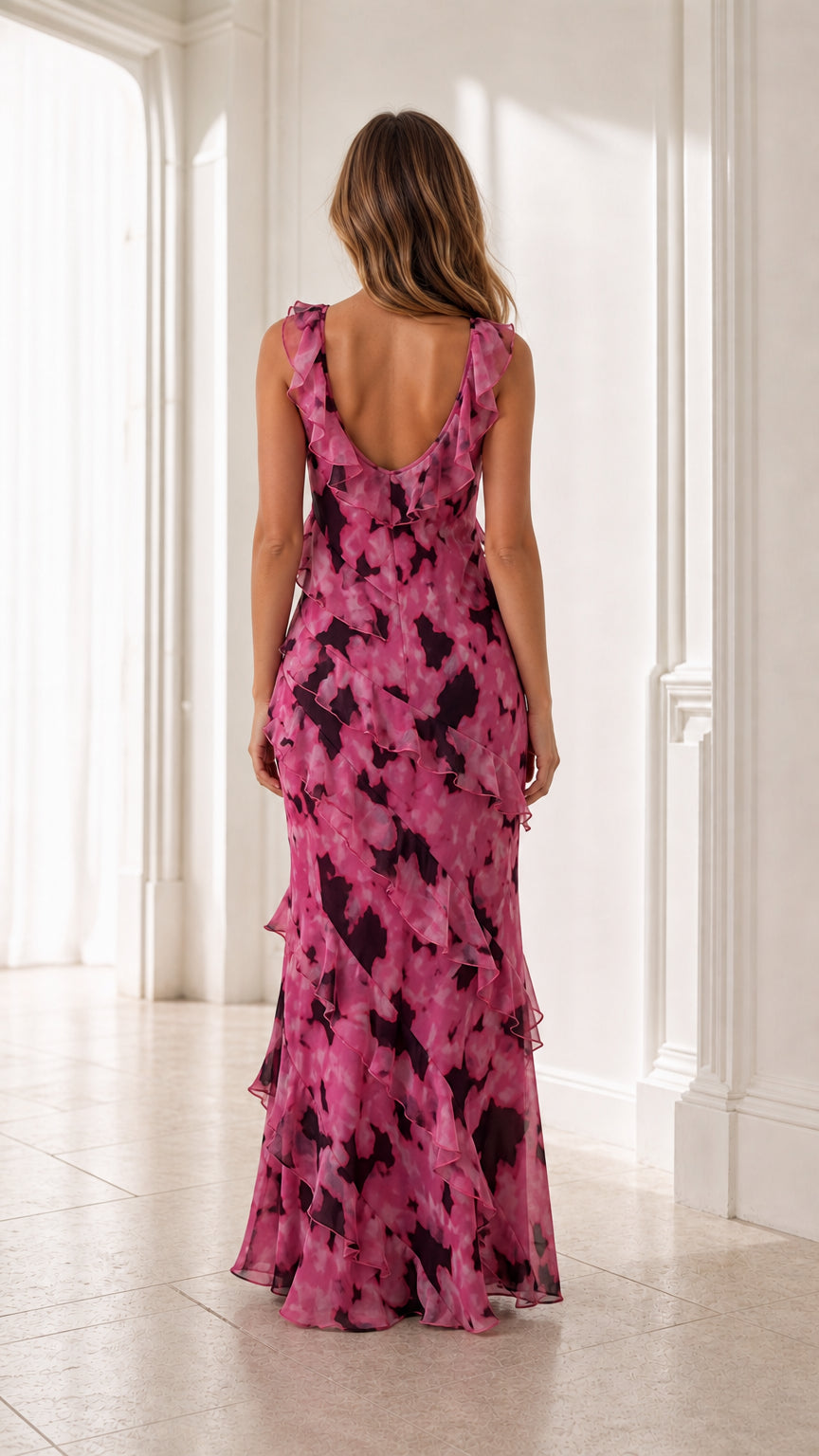 Back view of model showcasing the low scoop back on Fuchsia Pink ruffle maxi dress