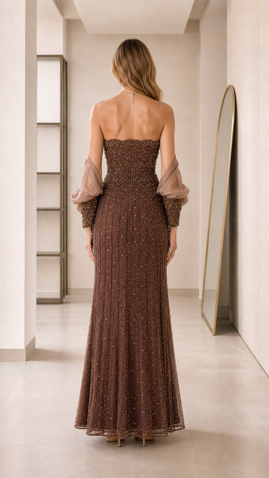 Back view of the brown formal gown