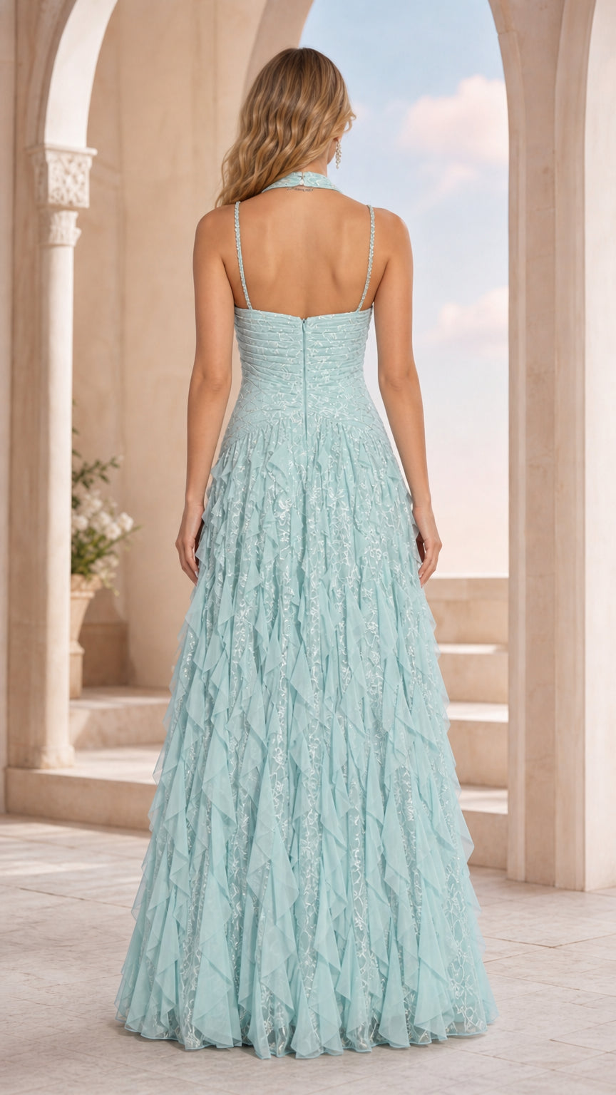 Back view showing halter straps and zipper closure