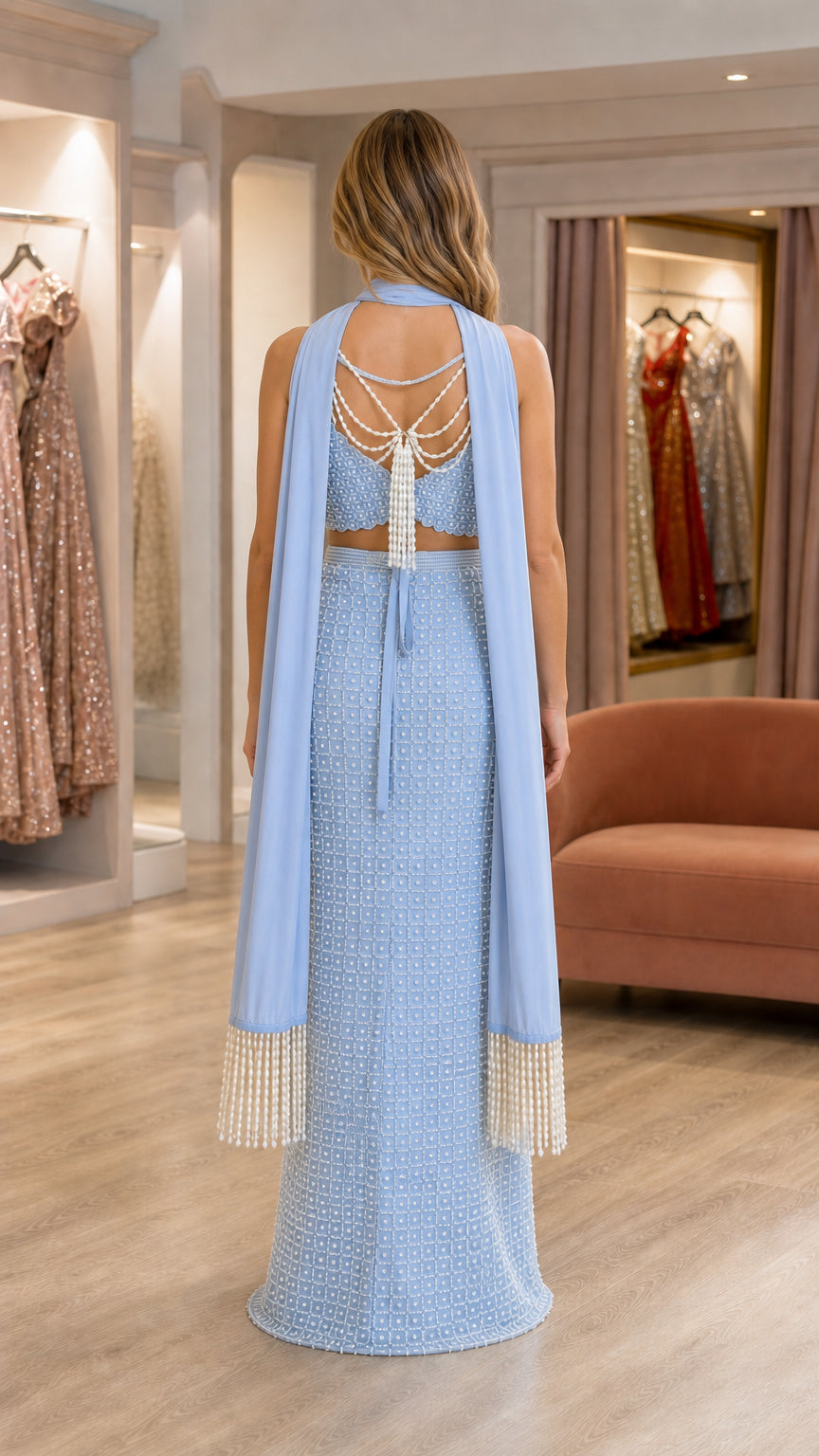 Back view showcasing beaded strap details of light blue two-piece set