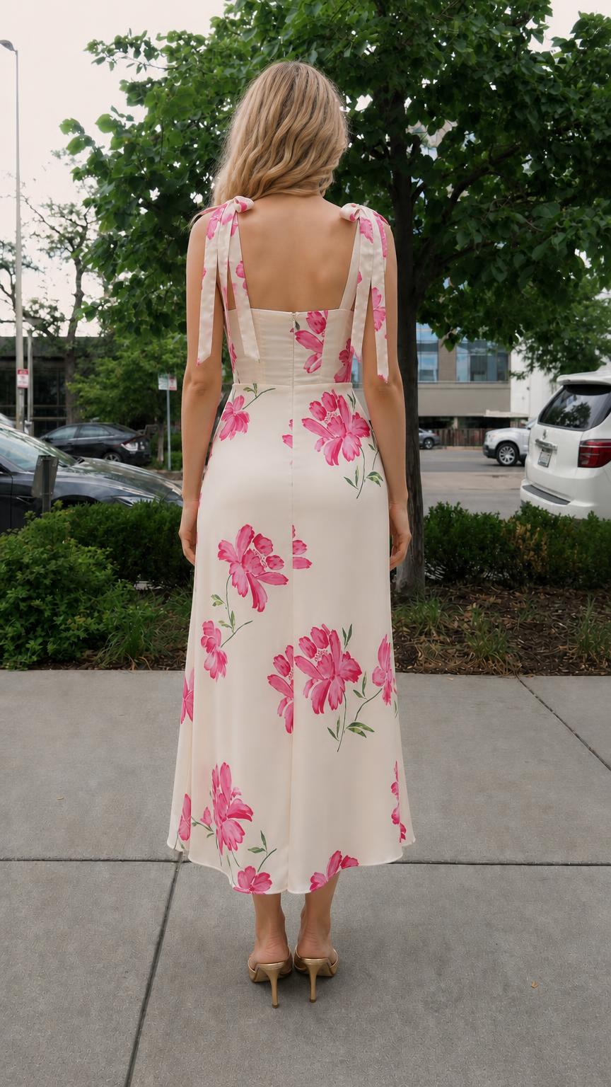 Back view of cream floral midi dress showing back neckline