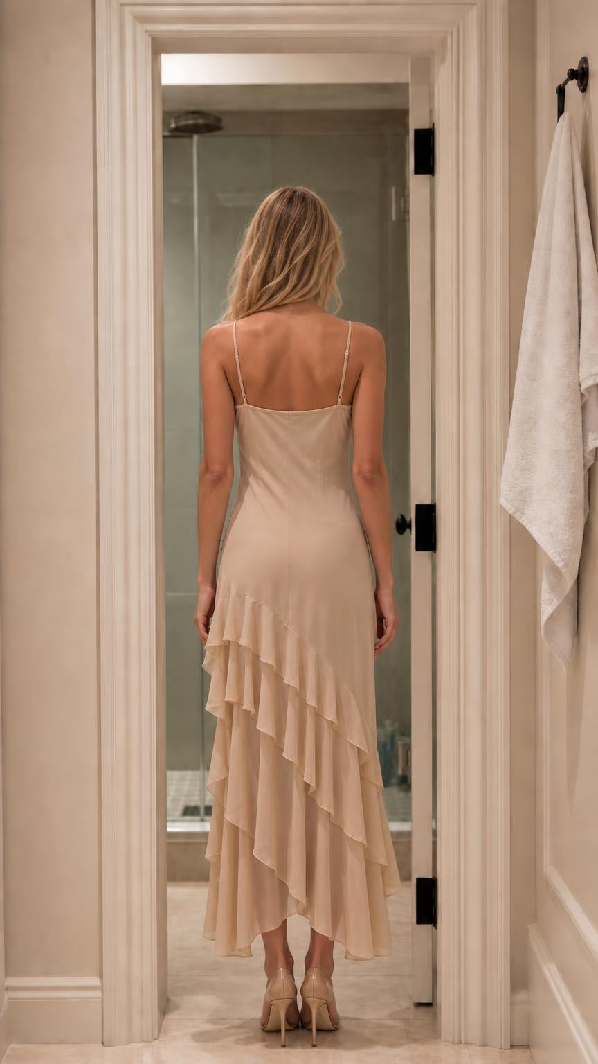 Back view of model showing tiered ruffle hem on champagne dress
