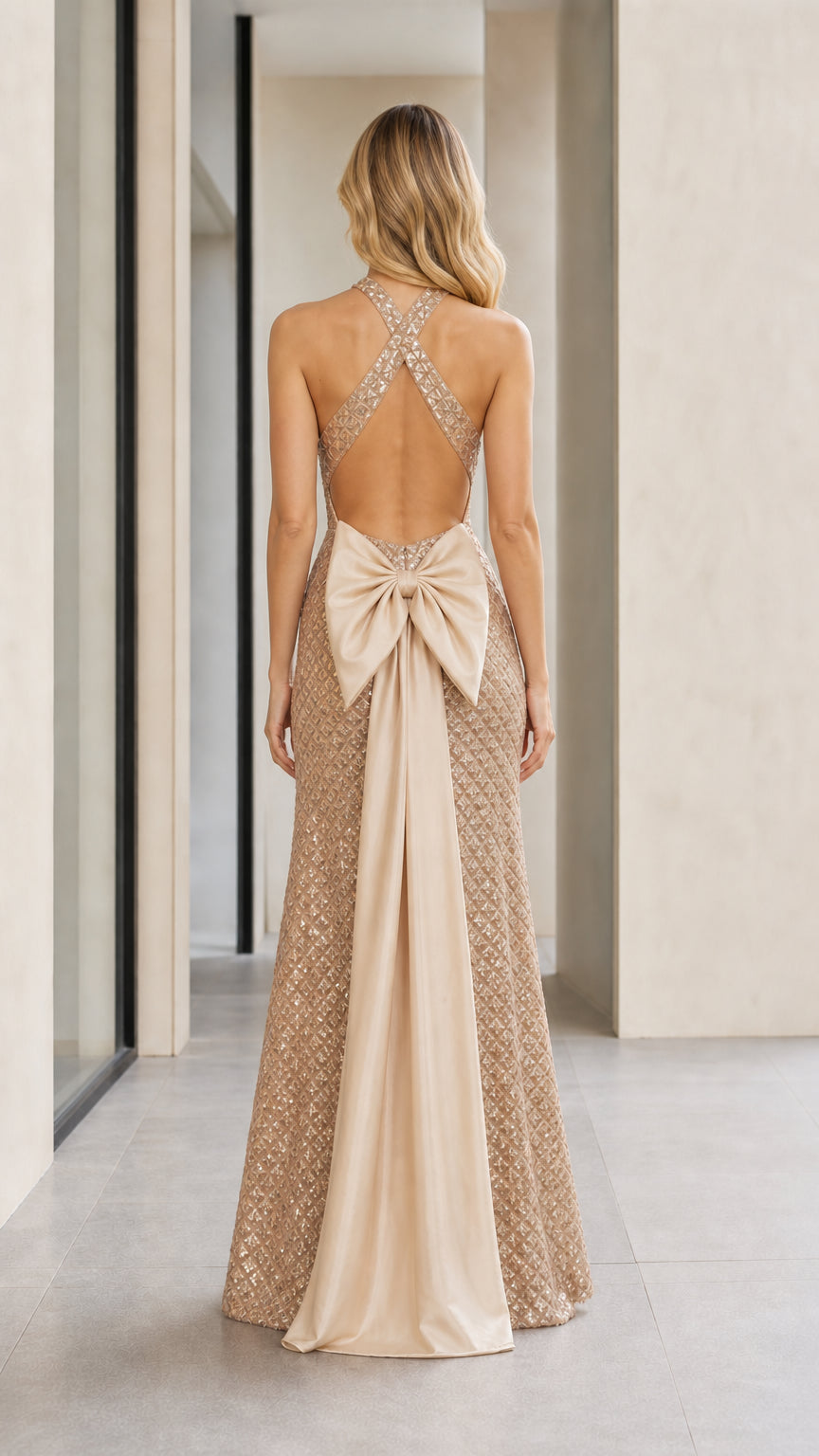 Back view highlighting open back and oversized bow detail