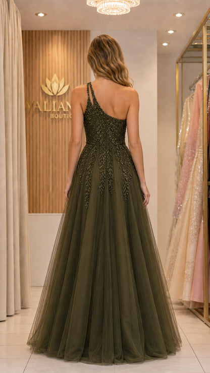 Back view of olive green evening gown showing cascading tulle