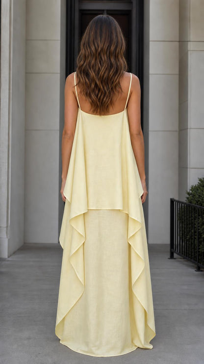 Back view of model in the yellow maxi dress