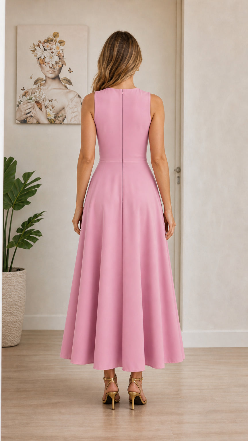 Model wearing pink midi dress back view
